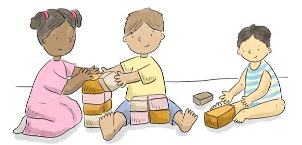 3 children sitting and playing wit bricks